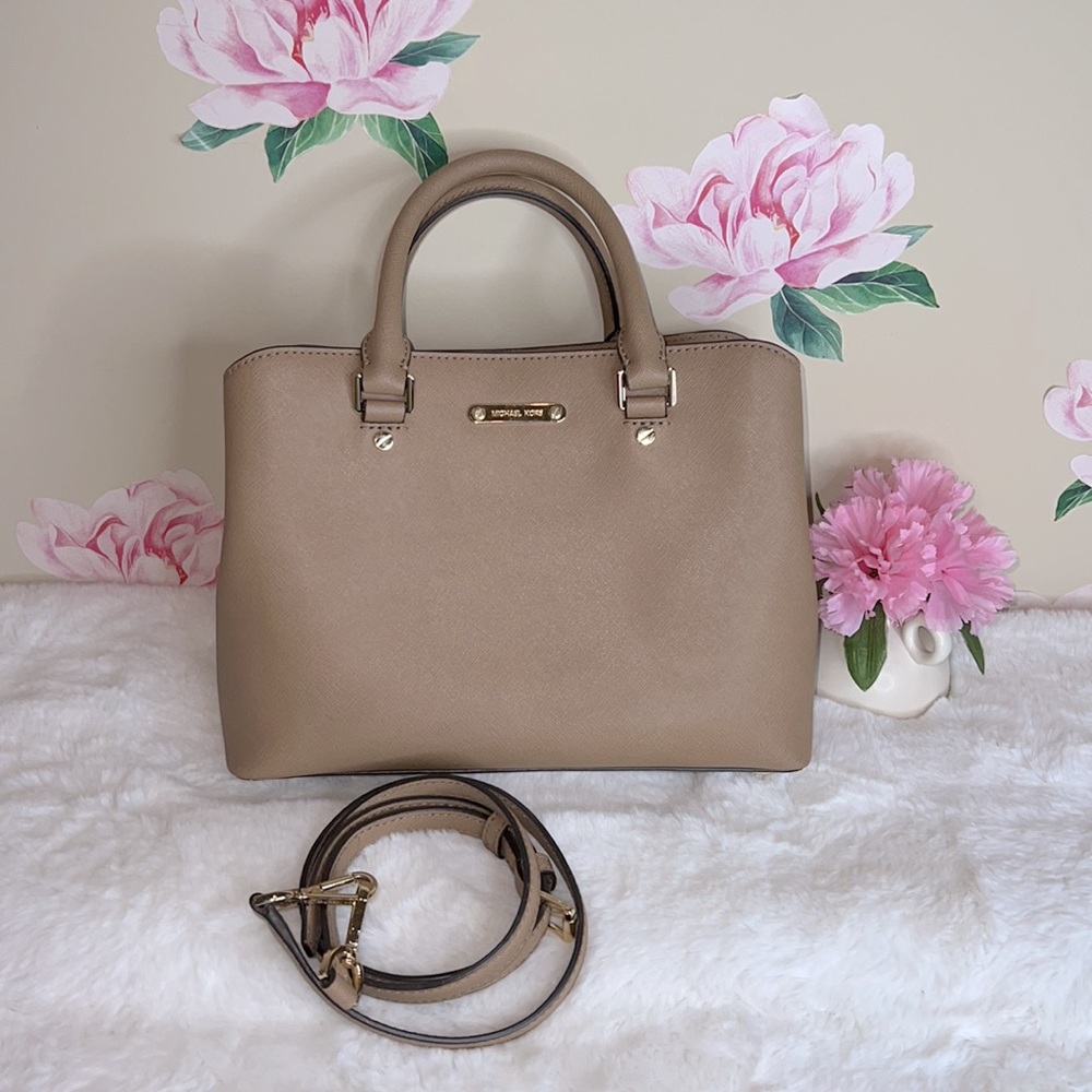 MICHAEL KORS Savannah Dark Khaki Medium Saffiano Leather Satchel